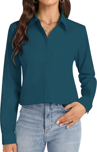 Miniatura 23 de Camisas con botones J.VER para mujer con cuello elástico y manga larga de algodón, camisa de vestir casual de negocios para el trabajo