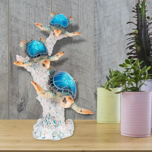 Miniatura 5 de Estatua de tortuga marina triples nadando sobre base de arrecife de coral, figura de polystone inspirada en el océano para decoración del hogar Azul