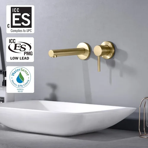 Miniatura 2 de SUMERAIN Grifo de baño de oro cepillado grifo de montaje en pared de latón sola manija con válvula áspera