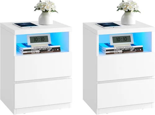 Miniatura 19 de VASAGLE Mesita de noche con estación de carga, 2 salidas de CA y 2 puertos USB, mesita de noche, mesa auxiliar con 3 cajones, estilo moderno, 13.8 x