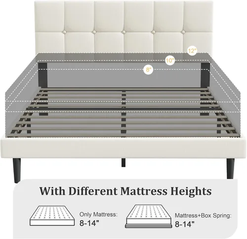 Miniatura 8 de IOILORI - Marco de cama tamaño Queen, marco de cama tapizada tamaño Queen con cabecero, cabecero tapizado, listones de madera resistentes, Beige