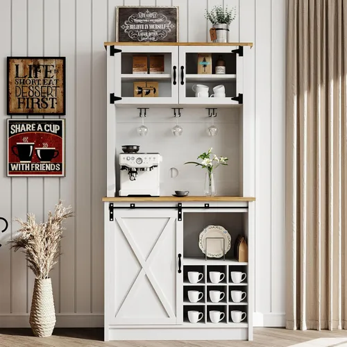 Miniatura 17 de 4ever2buy - Gabinete de café-bar de granja con aparador, gabinete de buffet de 31 pulgadas con puerta corrediza de granero, gabinete de barra