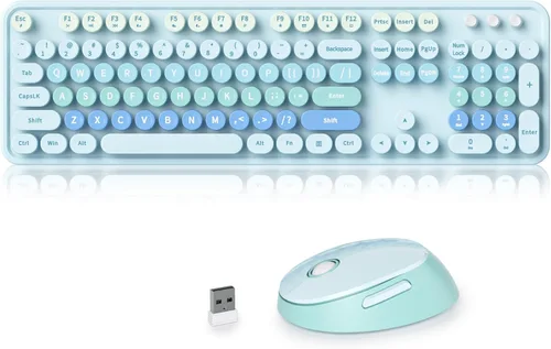 Teclado y mouse azules, bonito combo de teclado y mouse inalámbricos, teclado de máquina de escribir de tamaño completo con teclado numérico, azul
