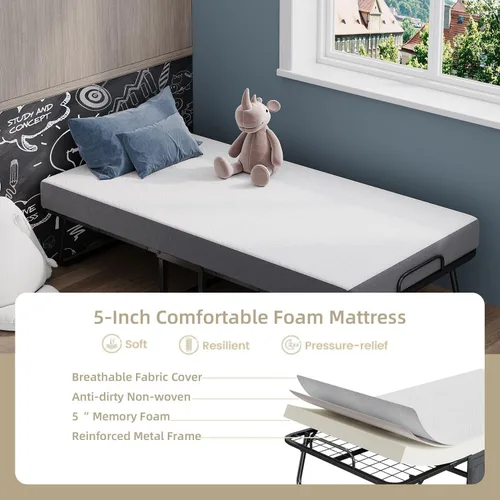 Miniatura 4 de MUTUN Cama plegable con colchón, 75 x 31 pulgadas, moderno, negro, colchón de espuma viscoelástica de 5 pulgadas, portátil, fácil de instalar