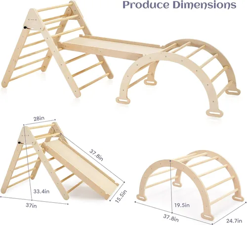 Miniatura 6 de Pillowhale Juego de triángulos de escalada de madera Montessori extra grande: triángulo plegable para gimnasio, rampa y arco de escalada, parque