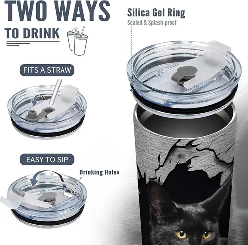 Miniatura 3 de DJY Vaso aislado de acero inoxidable con tapa con diseño de gato negro 3D para café, viaje, regalo para mamá, mujer, hija, botella de agua