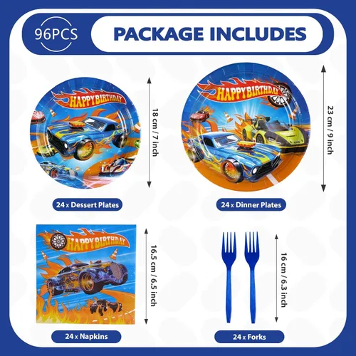 Miniatura 2 de Grencian 96 piezas de decoración de cumpleaños de coches de carreras para niños, platos y servilletas de fiesta de coches, juego de vajilla