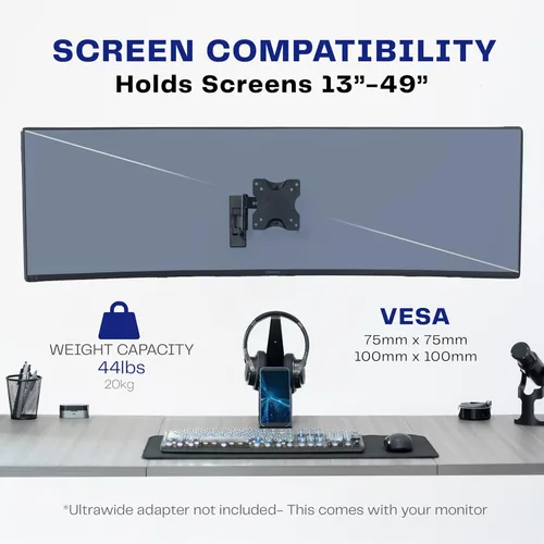 Miniatura 4 de VIVO Soporte de pared para monitor ultra ancho de movimiento completo, se adapta a pantallas ultra anchas de hasta 49 pulgadas y 44 libras, brazo