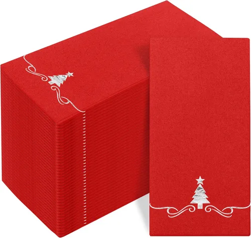 Miniatura 11 de 100 paquete de servilletas desechables de Navidad para invitados 12 x 17 pulgadas Árboles de Navidad de papel de aluminio plateado Toallas de mano