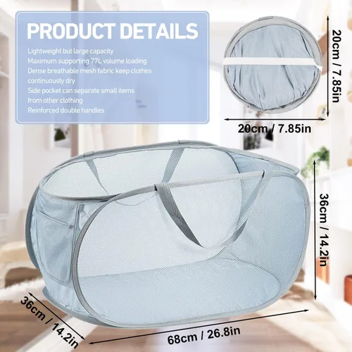 Miniatura 6 de 2 cestas de malla para la ropa sucia, canastas plegables para la ropa sucia, 75 litros, cesta de almacenamiento horizontal con bolsillo lateral y 1