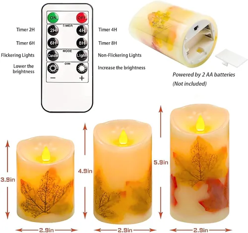 Miniatura 7 de Velas sin llama, juego de 3 velas LED parpadeantes de hoja de arce con control remoto y temporizador, velas LED regulables que funcionan