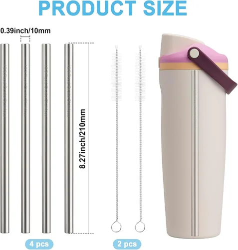 Miniatura 3 de Repuesto de popote de metal compatible con botellas Owala FreeSip Sway de 30 onzas, 4 popotes reutilizables de acero inoxidable y 2 cepillos
