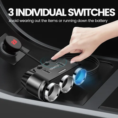 Miniatura 4 de YANTU Adaptador y divisor de encendedor de cigarrillos con 150W, 3 tomas y iluminación ambiental LED, doble carga rápida USB, salida de coche