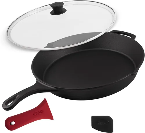Miniatura 18 de Cuisinel Juego de sartenes de hierro fundido, sartén de 8 pulgadas + 12 pulgadas + tapas de vidrio, utensilios de cocina pre-sazonados, soportes