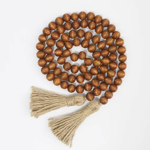 Miniatura 11 de Guirnalda de cuentas de madera de 58 pulgadas con borlas, decoración rústica de granja, decoración de oración bohemia para colgar en la pared (gris)