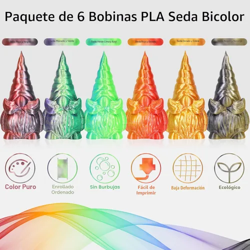 Miniatura 3 de MIKA3D 6 carretes de filamento para impresora 3D bicolor de 1.75mm, paquete de filamento de seda PLA, seda