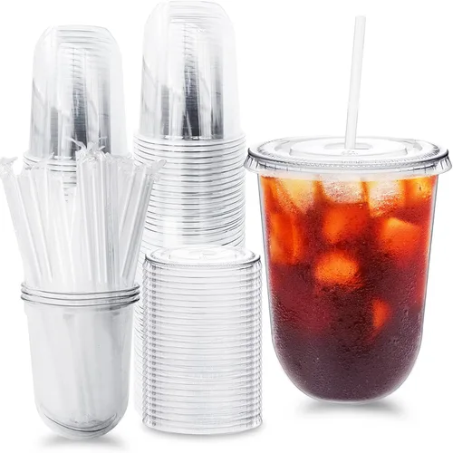 Miniatura 9 de Alaeseje Paquete de 50 vasos de plástico transparente con tapas y popotes, tazas desechables de 12 onzas para café helado, tazas de cristal