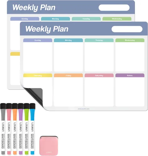 Loukin Calendario Semanal de Borrado en Seco de 17"x11.8", Paquete de 2, Planificador de Pizarra Blanca de Adsorción Electrostática, Organizador de