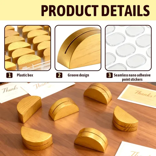 Miniatura 3 de 24 soportes de madera dorada para números de mesa, tarjeteros de madera que incluyen calcomanías adhesivas sin rastro, soportes de tarjetas