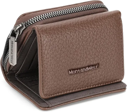Miniatura 18 de Montana West Billetera pequeña para mujer, de piel auténtica, triple pliegue, tarjetero Rfid con cremallera y bolsillo para monedas, Un negro, Casual