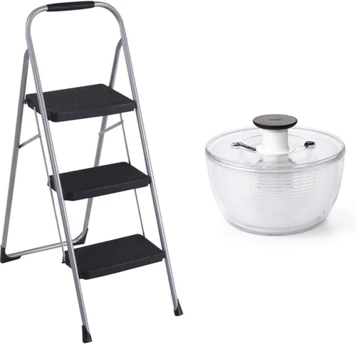 Cosco 11408PBL1E Taburete plegable de tres escalones grandes con empuñadura de goma, platino y OXO Good Grips - Ensaladera grande