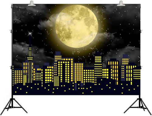 Miniatura 2 de Telón de fondo de superhéroe de Super City para fotografía, 7 x 5 pies, color amarillo, luna llena, horizonte, paisaje urbano, fondo de foto, baby
