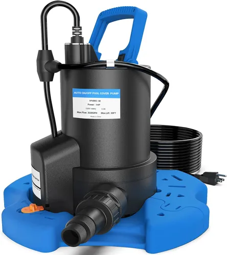 Miniatura 8 de Bomba automática de cubierta de piscina, bomba de agua sumergible de 1 HP 5000 GPH con válvula de retención y 3 adaptadores, cable de 29.5 pies