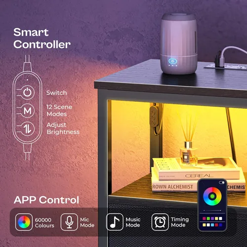 Miniatura 5 de Huuger - Mesita de noche con estación de carga y luces LED, mesita de noche de 4 cajones, mesa auxiliar con estante abierto, mesa de cabecera, Negro