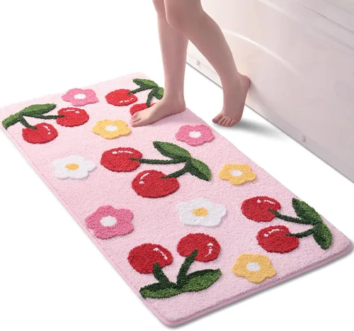 Miniatura 13 de Anybar Alfombras de Baño Beige Tapete de Baño de Cerezas Lindas Accesorios de Baño Coloridos, Alfombra de Flores Divertida Tapete de Piso