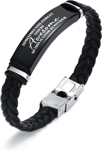 Miniatura 19 de Pulsera de cuero para hombre, regalo de sobriedad para hombre: cita inspiradora/versículo bíblico grabado, pulsera trenzada negra para hombre