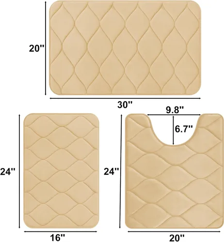 Miniatura 2 de Colorxy Alfombras de baño de espuma viscoelástica, absorbentes de agua, supersuaves, antideslizantes, lavables, diseño de Ogee, juego de 3, Beige