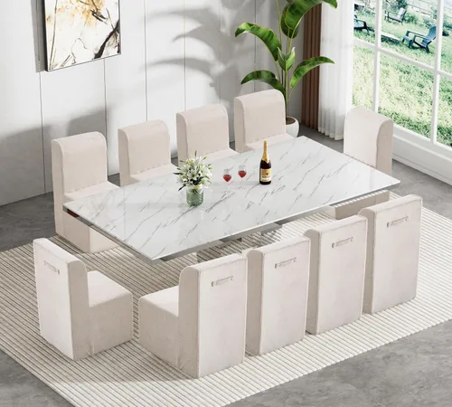 Miniatura 10 de Juego de mesa de comedor extensible marrón de 9 piezas para 8, 63 a 78.74 pulgadas, juego de mesa de cocina y comedor, mesa de comedor extensible