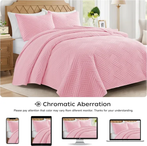Miniatura 8 de Lavsiry Juego de colcha rosa tamaño queen con patrón a rayas, colcha y cubrecama de microfibra ligera y suave para verano, juego de ropa de cama