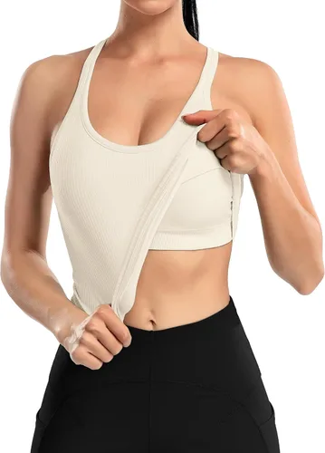 Miniatura 64 de ATTRACO Camiseta corta acanalada de entrenamiento para mujer con brasier integrado para yoga, espalda cruzada, ajuste ajustado