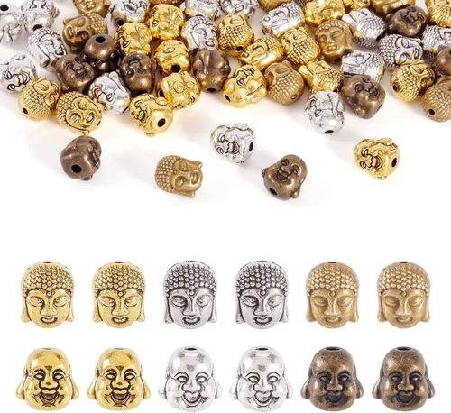 Craftdady 60 cuentas espaciadoras de cabeza de Buda tibetano, 3 colores, cuentas de metal espiritual budista de 10-11x9-0.394 in de doble cara para