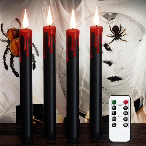 Miniatura 11 de GenSwin Velas cónicas sin llama de Halloween en negro con candelabros de mano de fantasma y temporizador remoto, 2 piezas de velas cónicas operadas