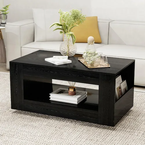 Mesa de centro de grano de madera con estante abierto, mesa de cóctel moderna de alto brillo para sala de estar, dormitorio, oficina