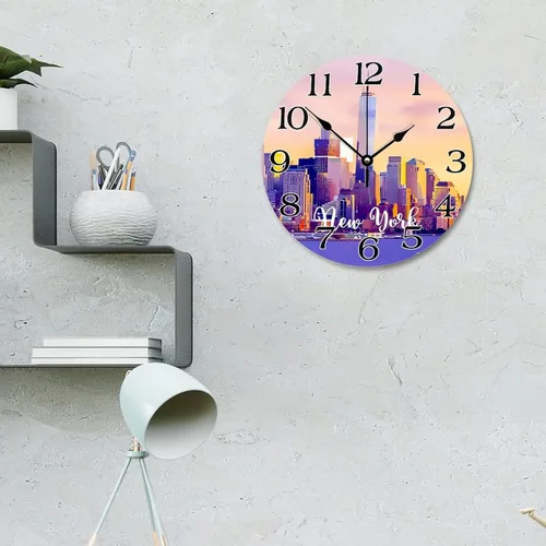 Miniatura 23 de Reloj de pared con paisaje urbano de Nueva York, Estados Unidos, reloj de pared grande de viaje, funciona con pilas, 9 pulgadas, silencioso