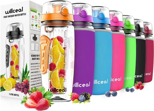 Miniatura 8 de Botella de agua con infusor de frutas de 32 onzas, duradera, grande, sin BPA, Tritan con tapa abatible, diseño a prueba de fugas, deportes, camping