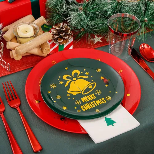 Miniatura 5 de WDF 175 piezas de platos de Navidad de plástico desechables - 25 platos verdes, 25 platos rojos con campanas doradas, 75 cubiertos de plástico Bell
