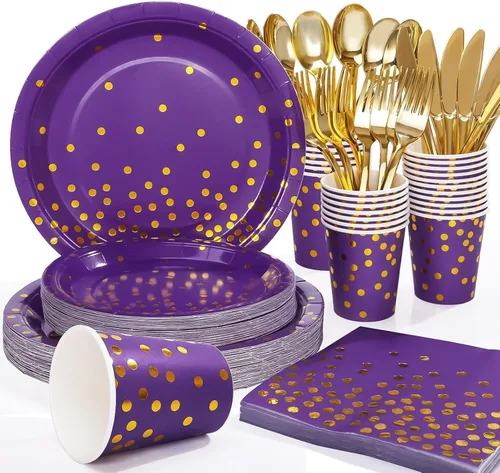 175 piezas de decoraciones de fiesta moradas y doradas, juegos de platos, tazas y servilletas moradas, platos desechables dorados para suministros