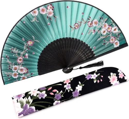Miniatura 9 de Abanico plegable de seda y bambú, 8.27 pulgadas (21 cm), estilo retro, vintage, elegante y encantador, chino/japonés, regalo para mujeres y niñas