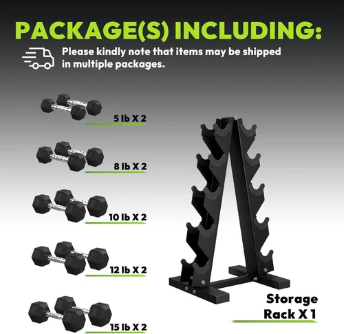 Miniatura 2 de HANDBODE Rubber Coated Hex Dumbbell Set with A-Frame Rack, 100 lb - 550 lb Multiple Options Weight, Hexagon Non-Rolling Shape, Ergonomic Knurled