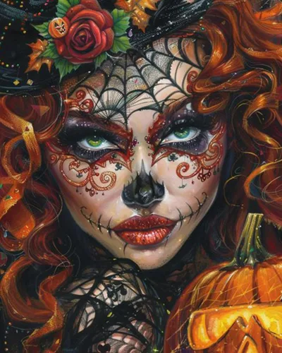 Miniatura 13 de Kit de Pintura por Números de Retrato de Mujer Calavera de Azúcar al Óleo de 16 x 20 Pulgadas, Lienzo para Halloween, Decoración para Mujeres, Chica