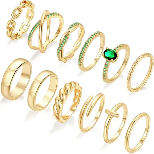 Miniatura 7 de FAXHION 12 piezas de anillos delicados de oro de 14 quilates para mujer, diseños cruzados de diamante simulado con giro grueso abierto de eternidad