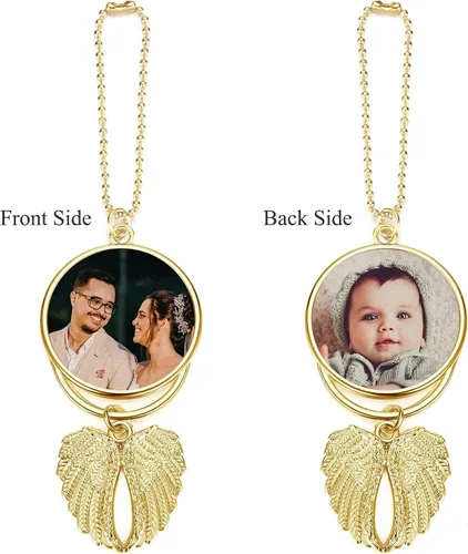 Miniatura 5 de PiercingJ Adorno Colgante Personalizado con Foto para Espejo Retrovisor de Coche, Adorno Colgante de Coche con Imagen a Doble Cara, Grabado de Alas