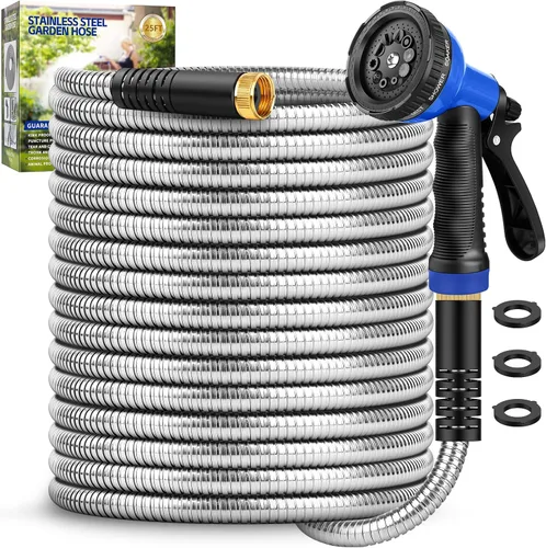 Manguera de jardín de 25 pies, manguera de agua de metal de acero inoxidable con boquilla de 10 funciones, manguera ligera, sin torceduras, a prueba