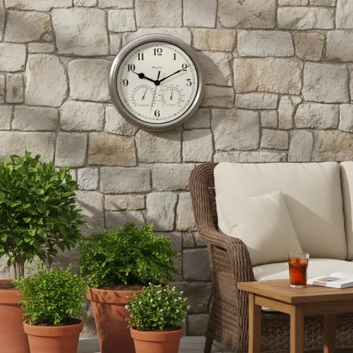 Miniatura 6 de Westclox Reloj de pared para interiores y exteriores con medidores de temperatura y humedad, resistente a la intemperie, precisión de cuarzo, Plata