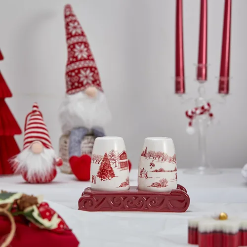 Miniatura 5 de Bico Toile De Jouy Winter Wonderland - Juego de salero y pimentero con soporte para trineo, coctelera de cerámica pintada a mano con soporte