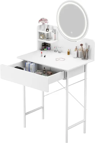 Pequeño escritorio de maquillaje con espejo LED deslizante y almacenamiento oculto, juego de mesa de tocador con cajón de almacenamiento y silla,